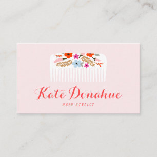 Cute Girly Pink Hairstylist Floral Comb Hair Salon Business Card