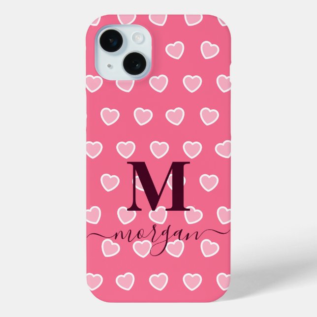 Cute Girly Pink Heart Monogram name  Case-Mate iPhone Case (Back)