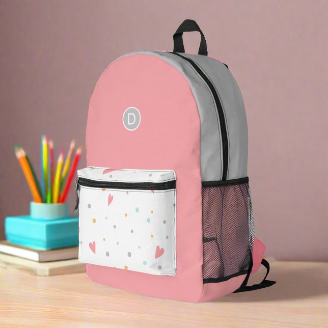 Cute Girly Pink Hearts Back To School Initial Name Printed Backpack (Creator Uploaded)