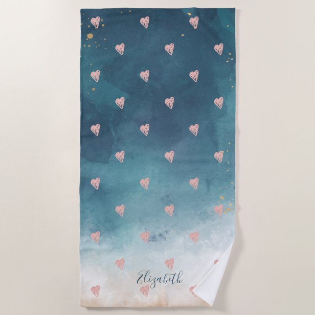 Cute Girly Pink Hearts Watercolor Paint Splash Beach Towel (Front)