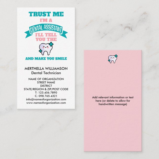 Cute Girly Pink Kawaii DENTAL ASSISTANT Corporate  Business Card (Front/Back)