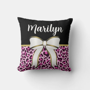 Cute Girly Pink Leopard Print Girl's Bow Cute Name Cushion