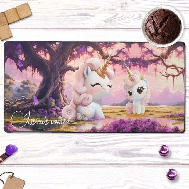 Cute Girly Pink Magical Unicorn Desk Mat (A cute girly desk mat featuring a fantasy world with magical unicorns in lovely pink and purple)