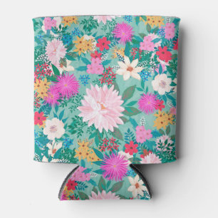 Cute girly pink & Mint hand paint floral design Can Cooler