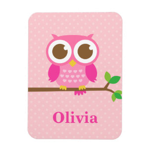 Cute Girly Pink Owl on Branch For Girls Magnet