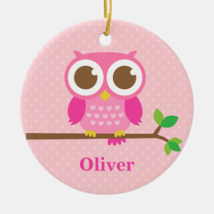 Cute Girly Pink Owl on Branch Girls Room Decor Ceramic Tree Decoration