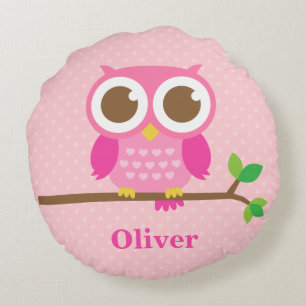 Cute Girly Pink Owl on Branch Girls Room Decor Round Cushion