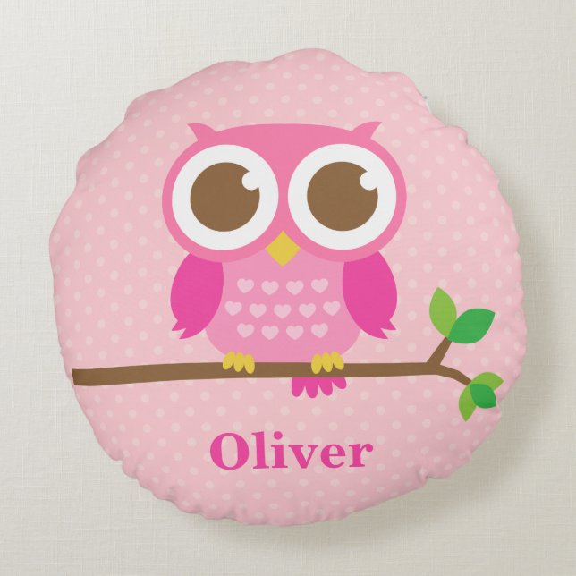 Cute Girly Pink Owl on Branch Girls Room Decor Round Cushion (Back)