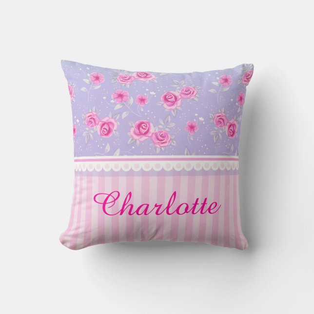 Cute Girly Pink Pink Floral Pattern Custom Name Cushion (Front)