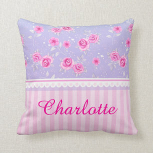 Cute Girly Pink Pink Floral Pattern Custom Name Cushion