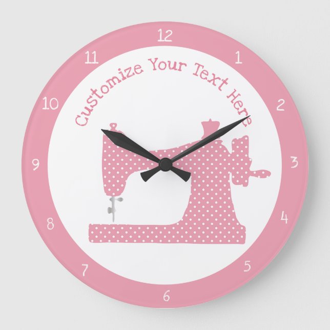 Cute Girly Pink Polka Dot Sewing Machine  Large Clock (Front)