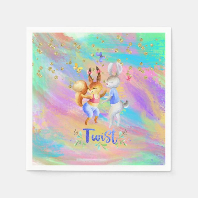 Cute Girly Pink Purple Blue Forest Animals Party Napkin (Front)