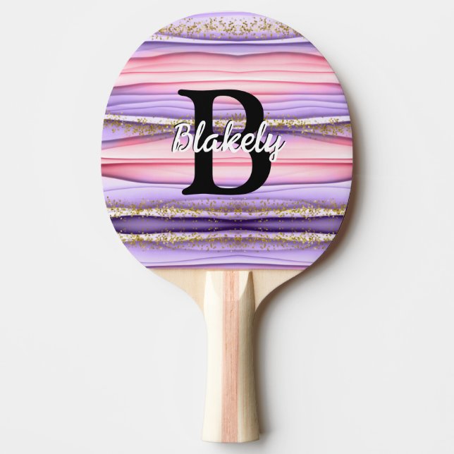 Cute Girly Pink & Purple Monogram Glitter Sparkle Ping Pong Paddle (Front)