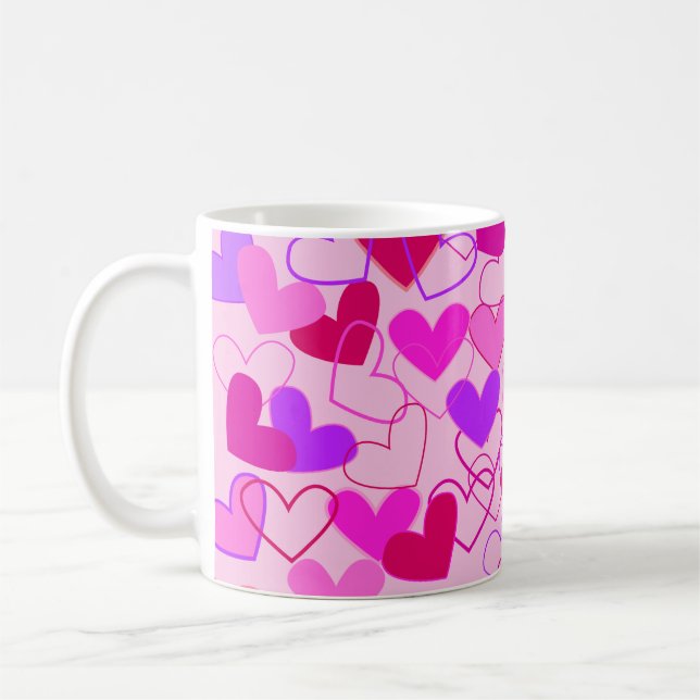 Cute Girly Pink Purple & Red Hearts Pattern Coffee Mug (Left)