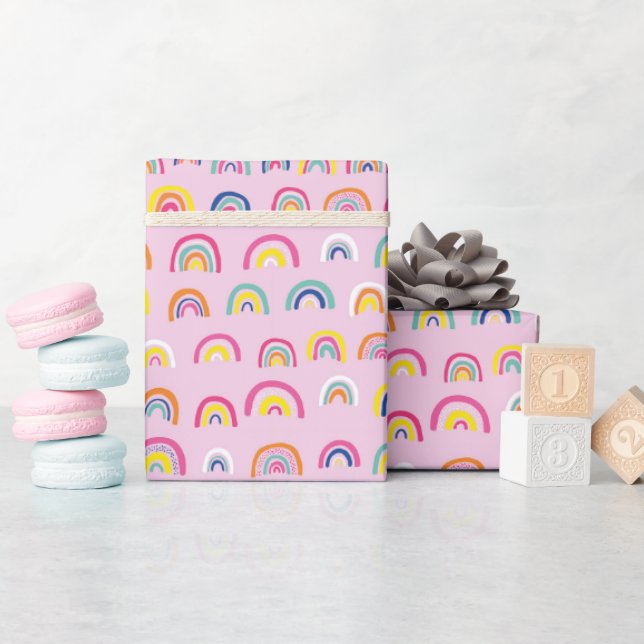 Cute Girly Pink Rainbow Pattern Wrapping Paper (Baby Shower)