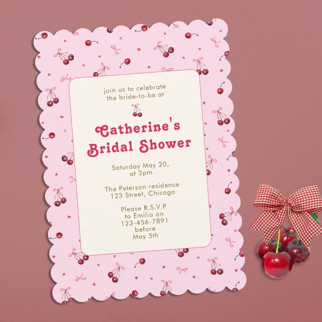 Cute Girly Pink Red Cherries Hearts Bows  Invitation (Creator Uploaded)