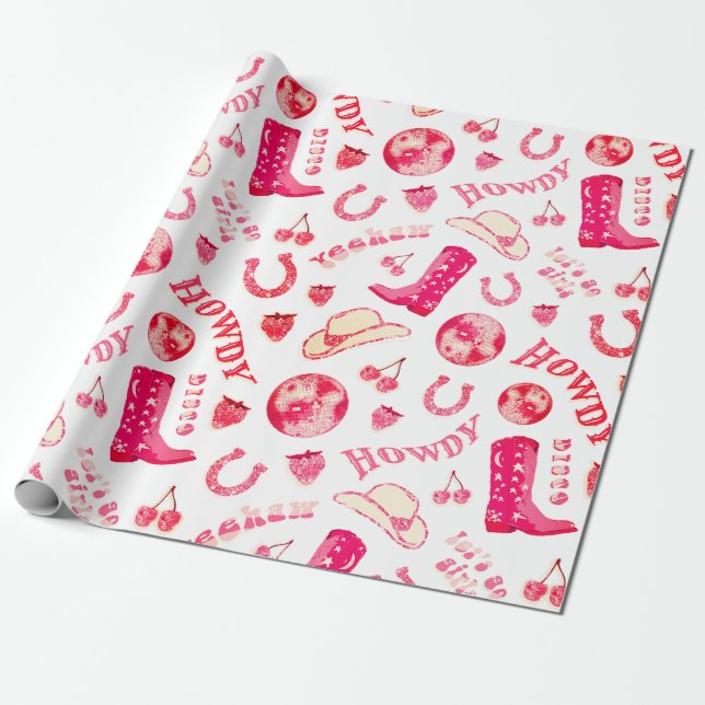 Cute Girly Pink Red Disco Cowgirl Aesthetic Wrapping Paper (Unrolled)