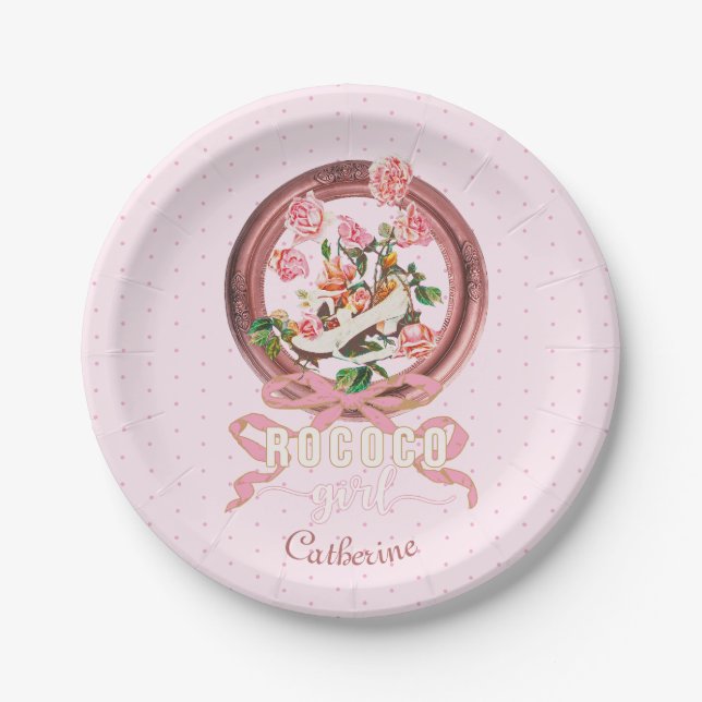 Cute Girly Pink Rococo Shoe Roses Bow Name Paper Plate (Front)