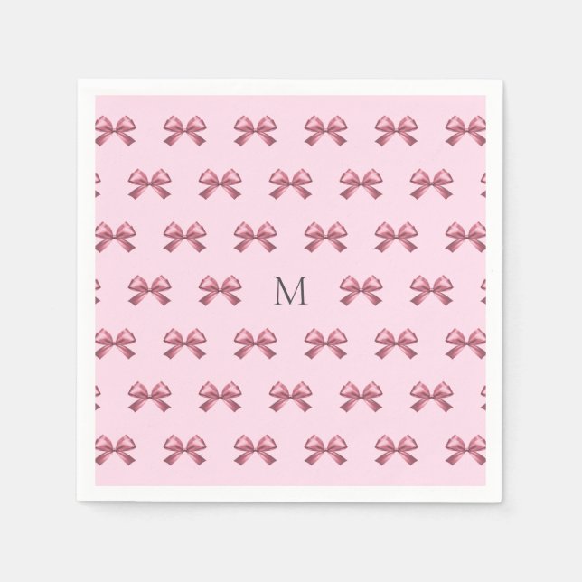 Cute Girly Pink Satin Aesthetic Bow Monogram Napkin (Front)