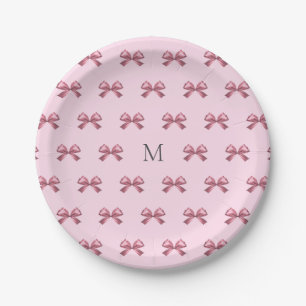 Cute Girly Pink Satin Aesthetic Bow Monogram Paper Plate