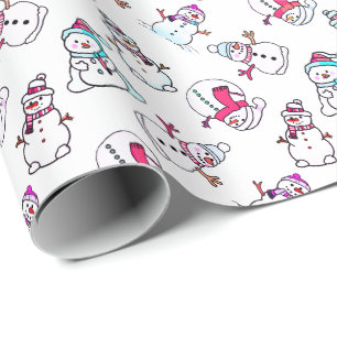 Cute Girly Pink Snowman   White Christmas Wrapping Paper