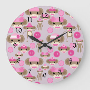 Cute Girly Pink Sock Monkey Girl Pattern Collage Large Clock