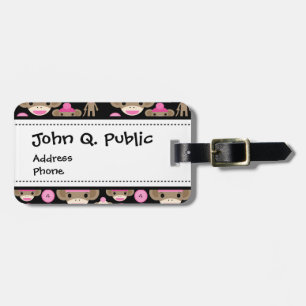 Cute Girly Pink Sock Monkeys Girls on Black Luggage Tag