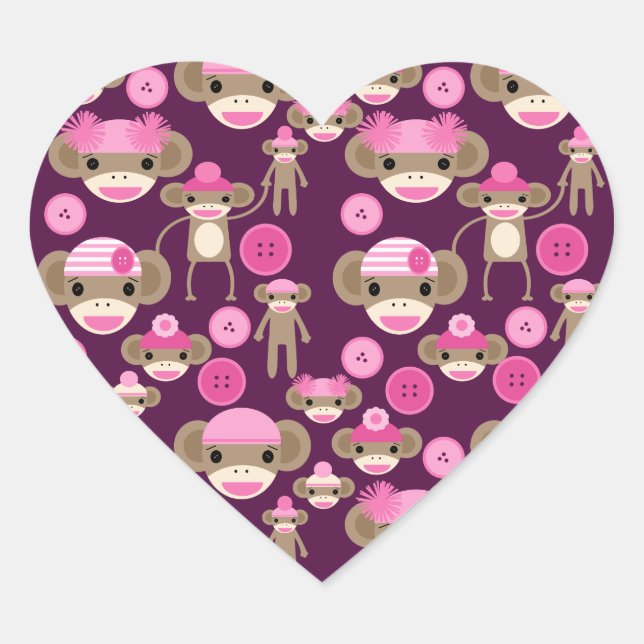 Cute Girly Pink Sock Monkeys Girls on Purple Heart Sticker (Front)