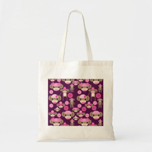 Cute Girly Pink Sock Monkeys Girls on Purple Tote Bag
