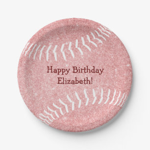 cute girly pink softball baseball birthday party paper plate