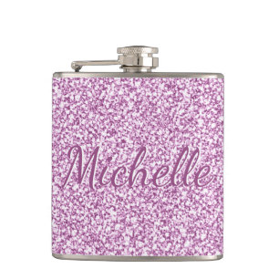 Cute Girly Pink Sparkle Monogram Name Hip Flask