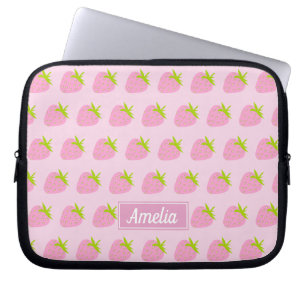 Cute Girly Pink Strawberry Pattern Personalised Laptop Sleeve