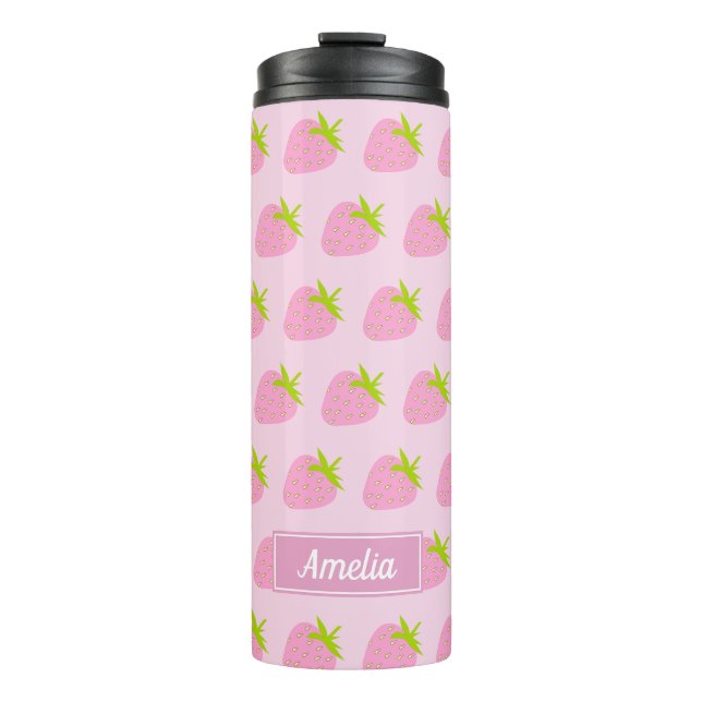 Cute Girly Pink Strawberry Pattern Personalised Thermal Tumbler (Front)