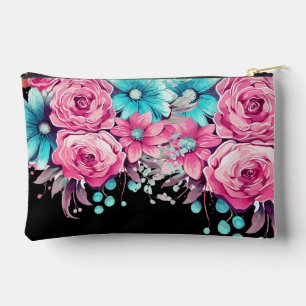 Cute Girly Pink & Teal Floral Make-up Bag