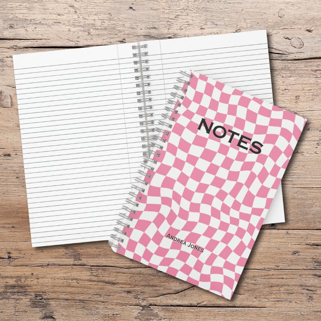 Cute Girly Pink Wavy Check Monogrammed Name Notebook (Creator Uploaded)