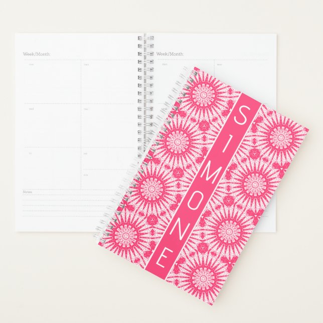 Cute Girly Pink White Art Deco Style Custom Name Planner (Display)