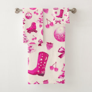 Cute Girly Preppy Pink Christmas Pattern Bath Towel Set