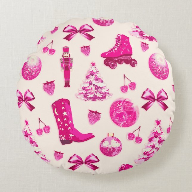 Cute Girly Preppy Pink Christmas Pattern Round Cushion (Front)