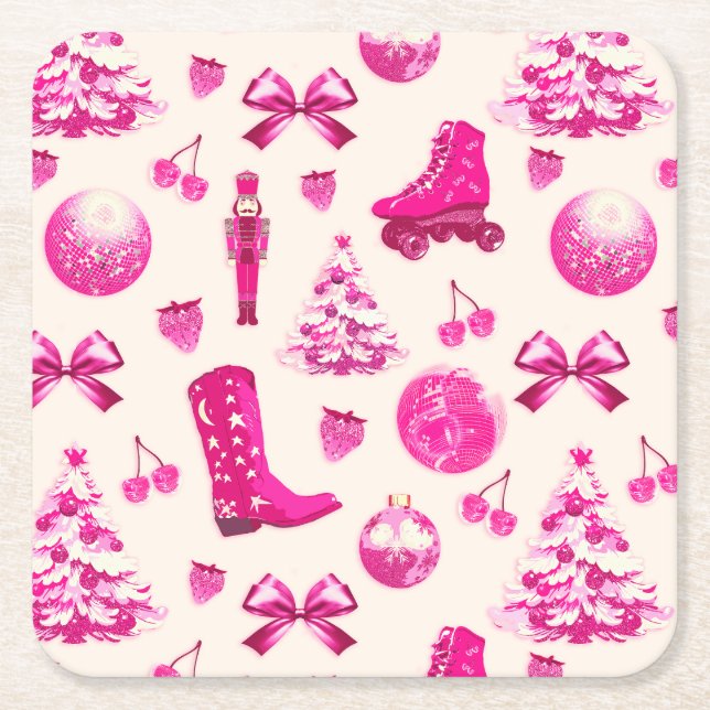 Cute Girly Preppy Pink Christmas Pattern Square Paper Coaster (Front)