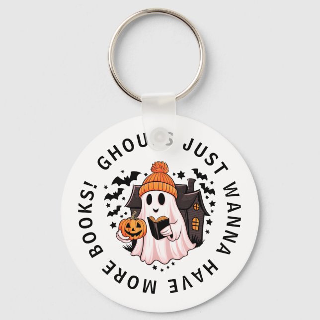 Cute Girly Pumpkin Ghost Book Lovers  Key Key Ring (Front)