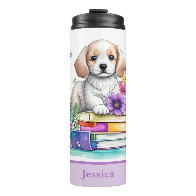 Cute Girly Puppy Books & Spring Flowers Thermal Tumbler (Front)