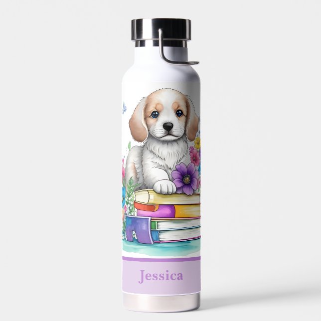 Cute Girly Puppy Books & Spring Flowers Water Bottle (Left)