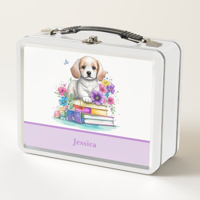 Cute Girly Puppy Sitting on Books and Flowers Metal Lunch Box (Front)