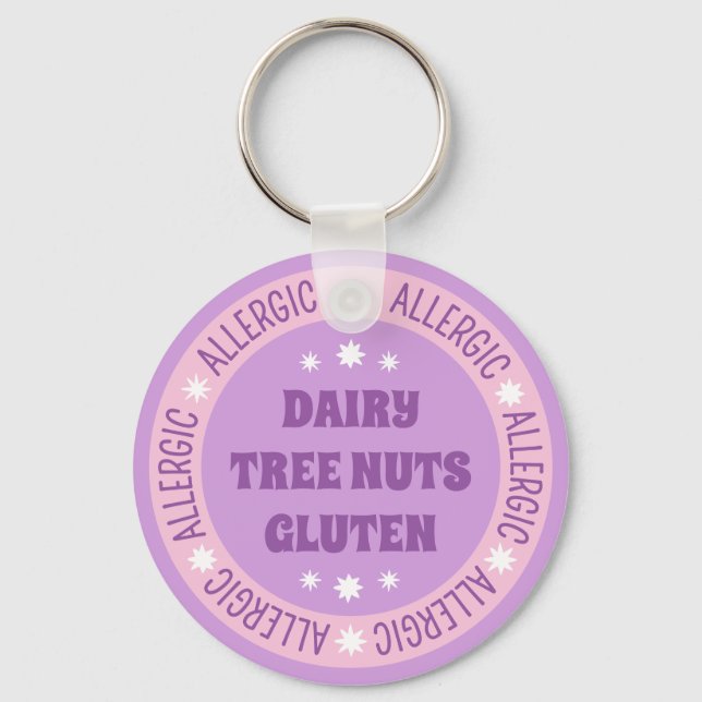 Cute Girly Purple Emergency Contact Food Allergy Key Ring (Front)