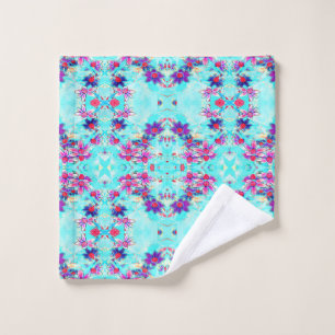 Cute Girly Purple Flower Pattern on Aqua Blue Bath Towel Set