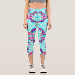Cute Girly Purple Flower Pattern on Aqua Blue Capri Leggings