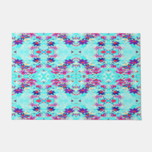 Cute Girly Purple Flower Pattern on Aqua Blue Doormat
