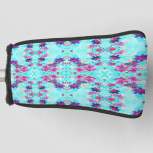 Cute Girly Purple Flower Pattern on Aqua Blue Golf Head Cover