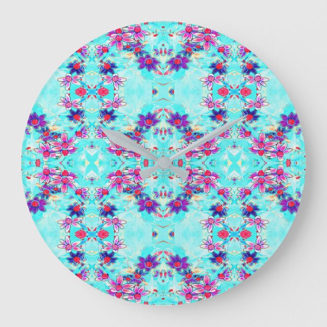 Cute Girly Purple Flower Pattern on Aqua Blue Large Clock (Front)