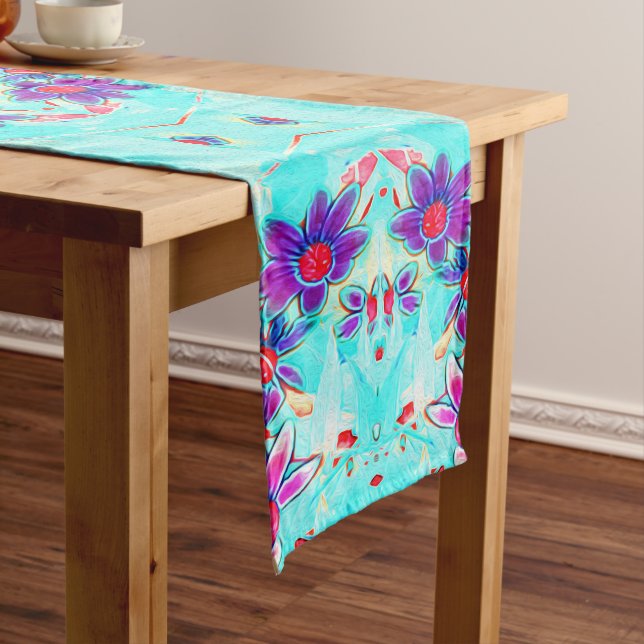 Cute Girly Purple Flower Pattern on Aqua Blue Medium Table Runner (In Situ)